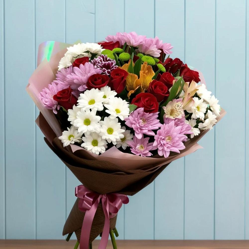 Букет цветов из: Розы, Хризантемы и Альстромерии в Кинешме
